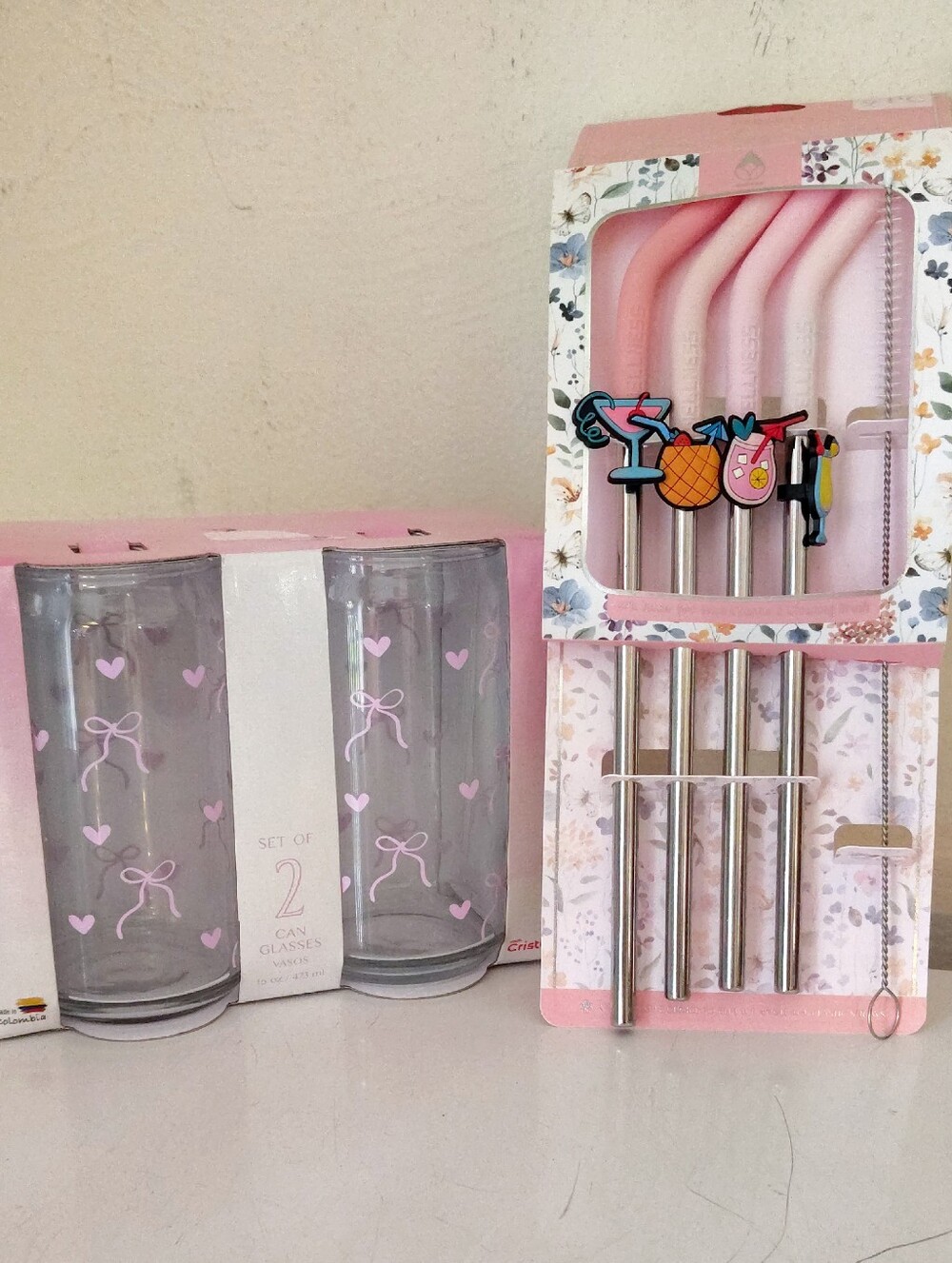 Cristar Pink Bows 2 Glass Cans w/ Stainless Steel Straws Set Bundle NWT